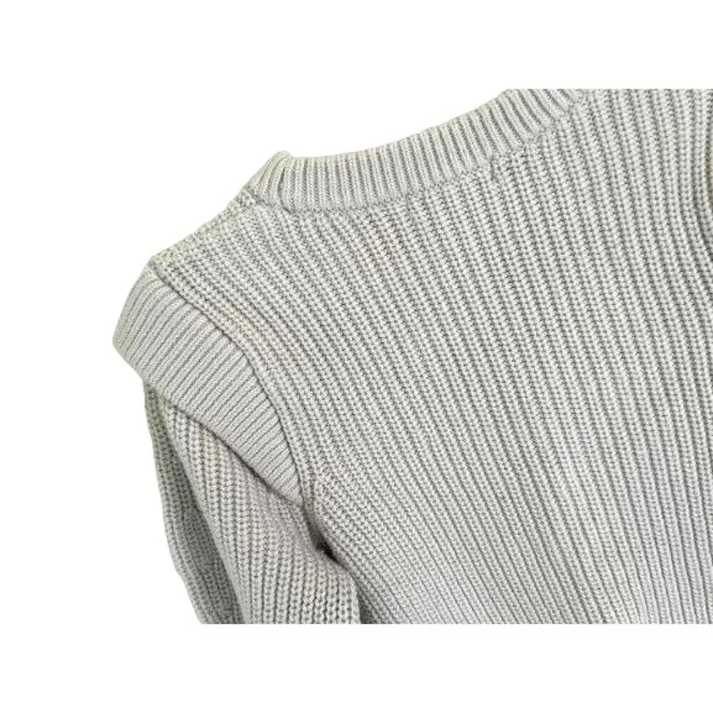 AQUA Knitted Ribbed Cotton Grey Epaulet Sweater In Cream/Gray Color Size Small